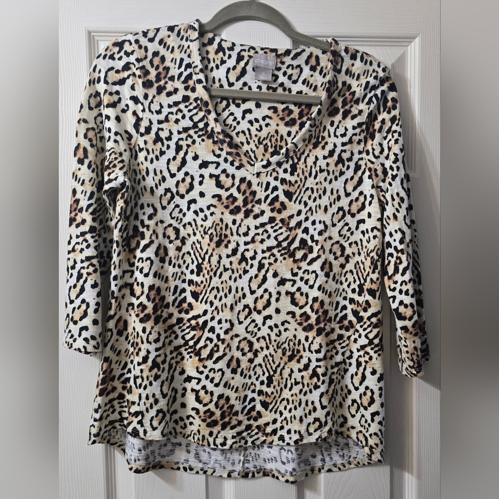 Chico's Animal Print V Neck Tee, Size S